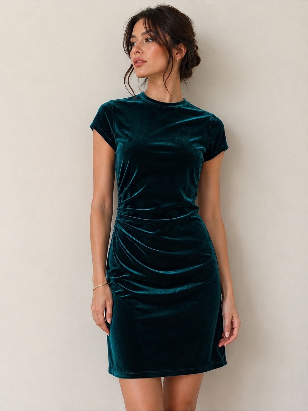 Divided Velvet Ruched Mini Dress - Teal
